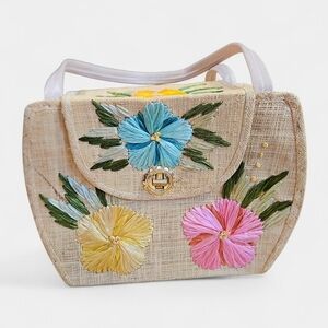 Vintage Floral Embroidered Straw Shoulder Bag